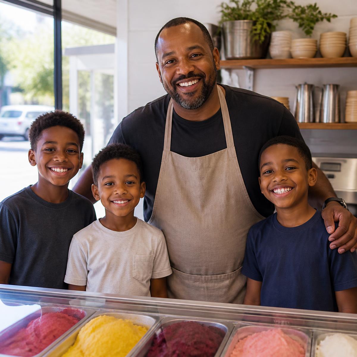 Owner Marcus Ellison behind the counter with his three sons Amir, Julian and Theo